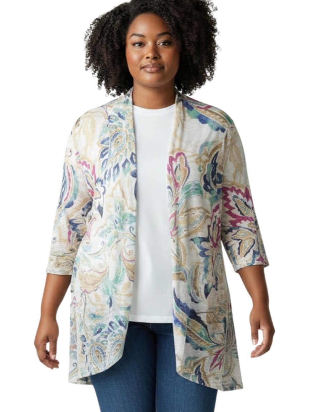 Catherines Cream Paisley Open-Front Cardigan with Multi-Color Print